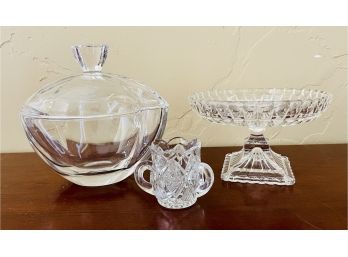3 Pc. Crystal Lot With Footed Stand, Covered Dish And More