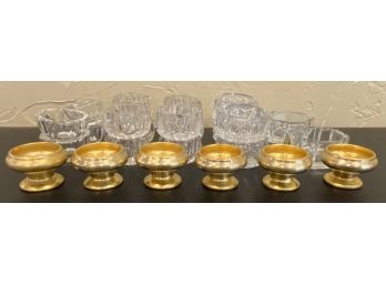 Crystal Table Salters & 8 Gold Painted Porcelain