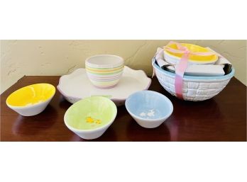 Ceramic Easter Set With Dip Tray & 3 Pc. Woven Woven Basket Oval Dishes And Small Egg Bowls