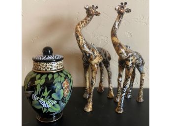 3 Pc Jungle Themed Lot With 2 Giraffes 10'  And Hand Painted & Signed Lidded Black  6.5' Jar
