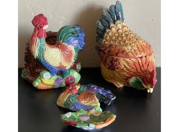 3 Pc Fitz & Floyd Hen/Rooster Lot With 9' Cookie Jar, Napkin Holder & Spoon Rest