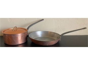 2 Pc Lot With Hammered Copper French Pan With Lid And Skillet