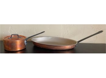 French Touris Copper Oval Skillet 12' & Small Pan With Lid