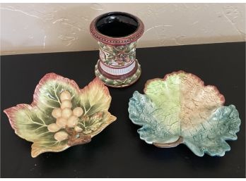 Fitz & Floyd Iron Stone Ceramic Autumn Leaf Plates & Candle Holder