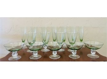 16pc Green Glass Stemware Lot With 5 Sherbet, 4 Goblets And 7 Flutes