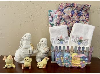 Easter Decor Lot With Ceramic Rabbits, Linens And More