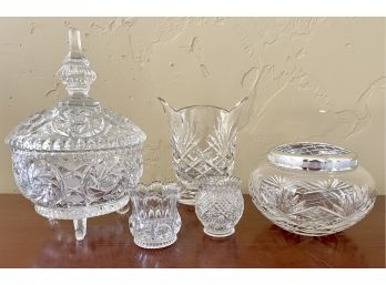 3 Pc. Crystal Lot With Lidded Cut Crystal Candy Dish & 2 Vases