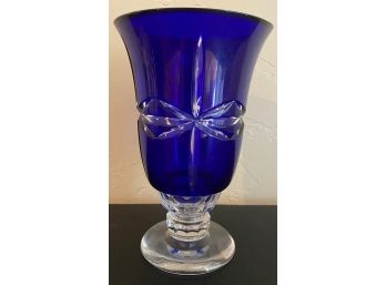 Heavy Colbalt Blue Cut To Clear Hurricane Candle Holder