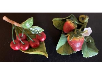 2 Fitz & Floyd Ceramic Fruit Figurines Cherries And Strawberries