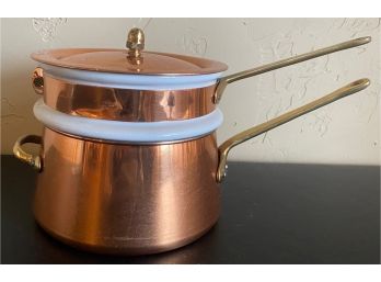 Portuguese Ceramic And Copper Double Boiler With Brass Handle