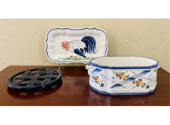 3 Pc. Lot With 1 Blue Cast Metal & Italian Rooster Plater & Deep Dish