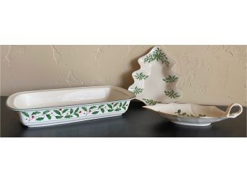 3 Lenox Holiday Plates With 1 Rectangle Baking Dish, 1 Holiday Leaf Plate And 1 Christmas Tree Plate