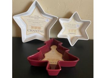 3 New Chantal Ceramic Baking Dishes With 2 White Stars & 1 Red Christmas Tree