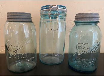 3 Vintage Blue Canning Jars With 2 Ball