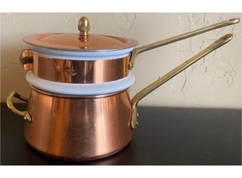 Portuguese Ceramic And Copper Double Boiler With Brass Handles