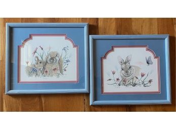 2 Original Ink And Watercolor Pictures With Rabbits By Don Kent