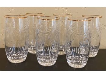 6 Gold Rimmed Cut Glass Water Glasses