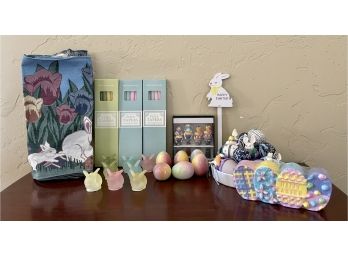 Large Assortment Of Easter Themed Decor With Glass Rabbit Candle Holders And More