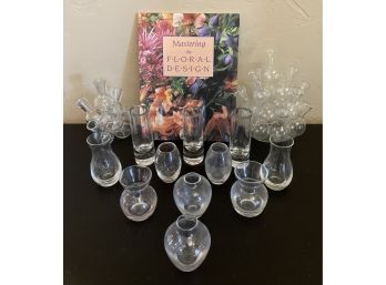 Assorted Lot Of Small Glass Vases W/ Bonus Mastering The Floral Design Book (14 Pieces)