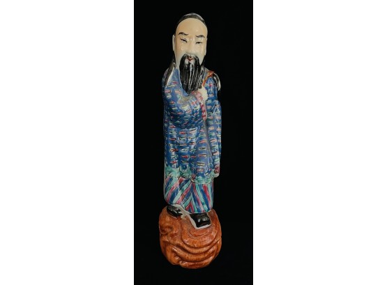 Large Chinese Porcelain Statue Of Bearded Man In Blue Robe