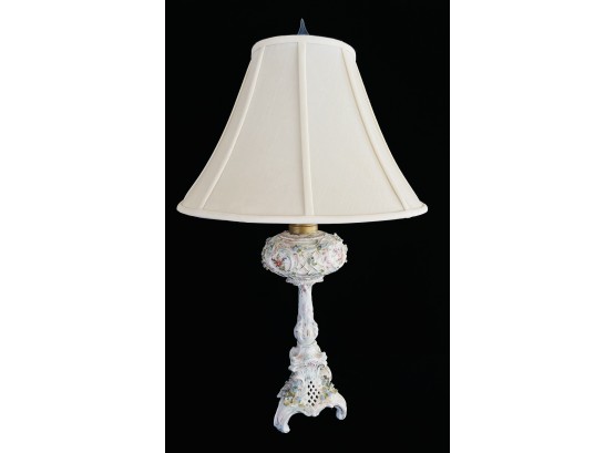 Ornate European Porcelain Table Lamp With Cut Work On Base