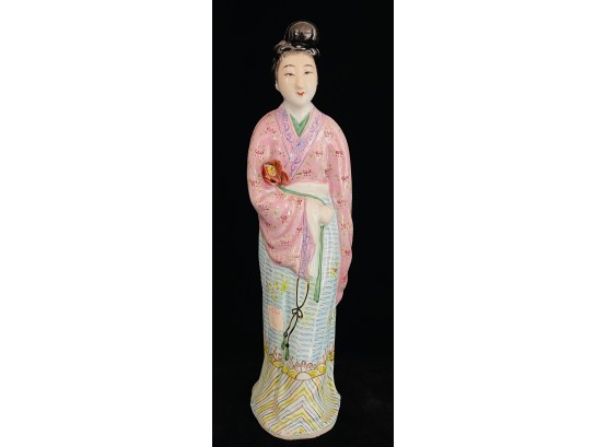 Chinese Porcelain Statue Of Woman With Red Flowers