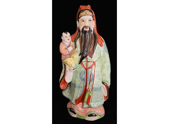 Large Chinese Porcelain Statue Of Man With Child And Green Robe