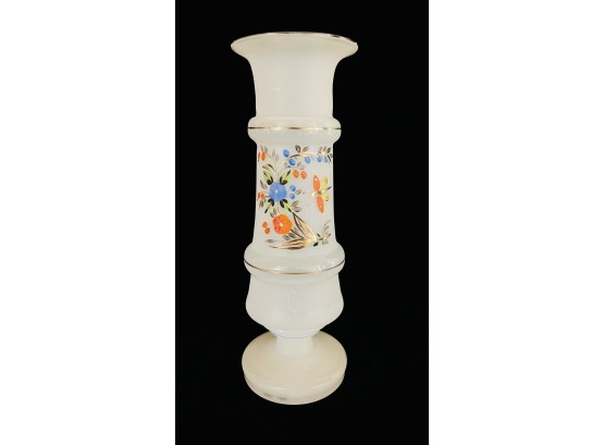 Vintage White Frosted Glass Vase With Hand Painted Flowers