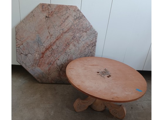 Octagon Granite Top Coffee Table With Broken Wood Base- AS IS