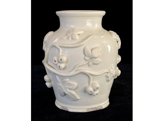 Antique Ceramic Ivory Jar With Bas Relief Flowers