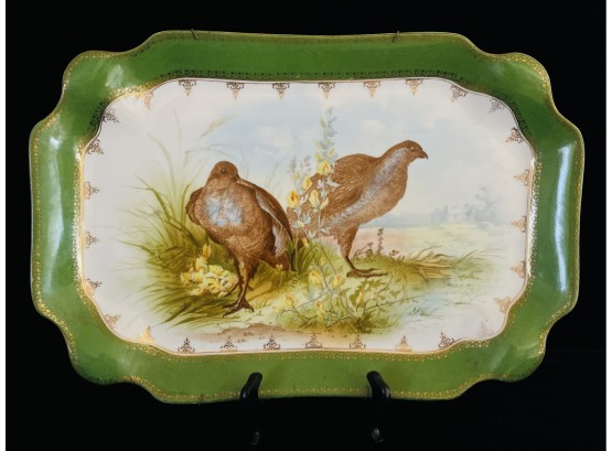 Antique Imperial Crown Austrian Porcelain Platter With Green Border & 2 Game Birds