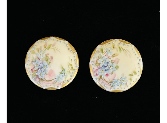 2 Antique Porcelain Buttons With Hand Painted Flowers