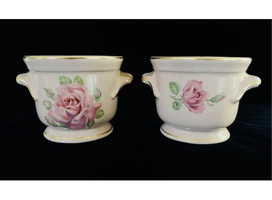 2 Vintage Pink Ceramic Planters W/ Rose Detail