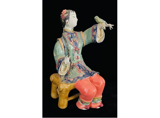 Seated Chinese Porcelain Lady Statue With Bird
