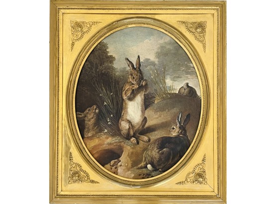 Antique Paper Print Of Rabbits In Ornate Gilt Frame