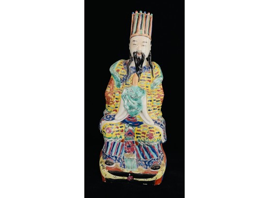 Seated Porcelain Chinese Man With Ornate Head Dress