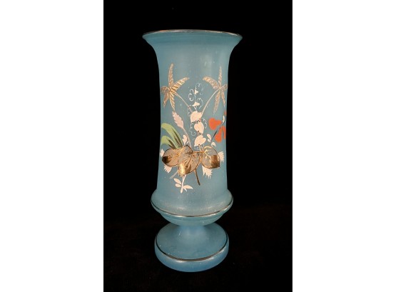 Antique Blue Frosted Glass Vase With Flowers