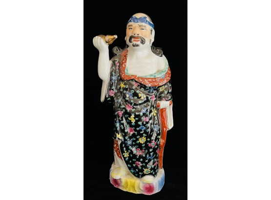 Large Chinese Porcelain Statue Of Man With Blue Head Band And Cane