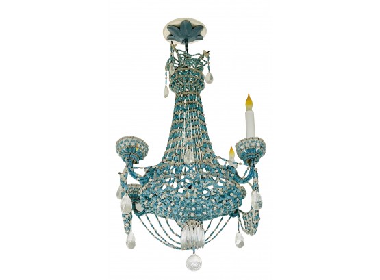 Antique Blue Glass Bead Chandelier W/ 4 Lights & Crystal Drops