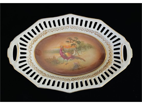 Small Antique Oval German Porcelain Dish With Cutwork Edge & Game Birds