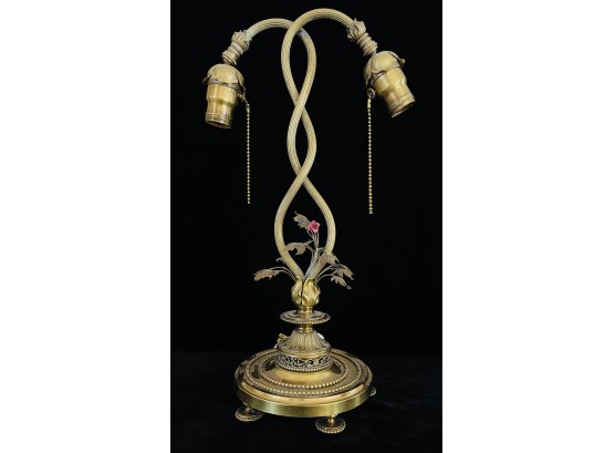 Vintage Solid Brass 2 Socket Lamp With Delicate Leaves & Porcelain Roses