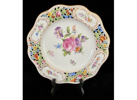 Antique Dresden Cut Work Floral Plate With Roses