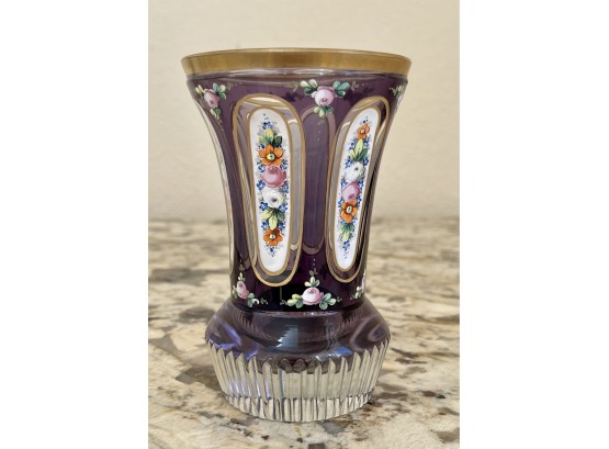 Antique Cut Glass Clear To Purple Vase With Painted Flowers & Gold Edge