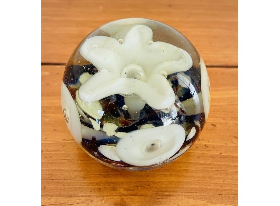 Glass Art Paperweight With White Flowers And Controlled Bubbles