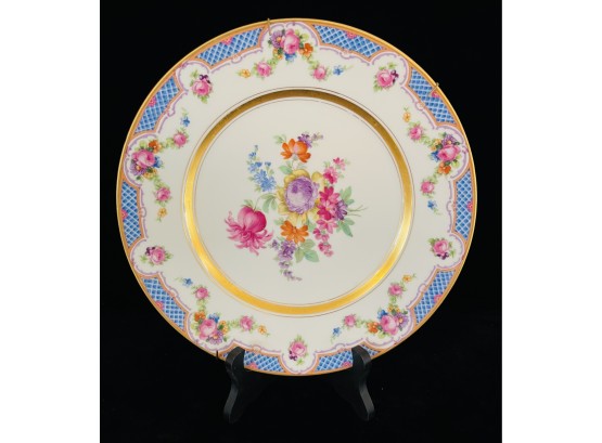 Antique Dresden Decorative Floral Plate With Blue Edge
