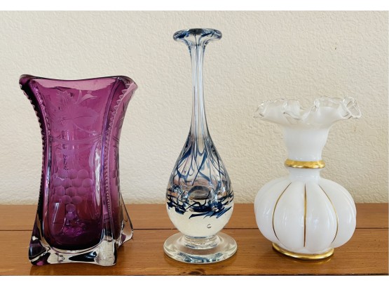 3 Nice Art Glass Vases W/ 1 Mercano Style Blue & Clear Vase