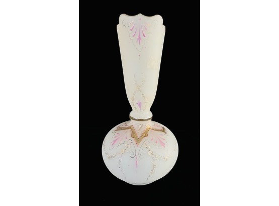 Antique White Frosted Glass Vase W/ Gold & Pink Accents