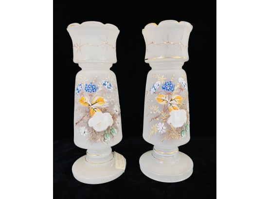Pair Of Antique White Frosted Glass Vase With Hand Painted Flowers