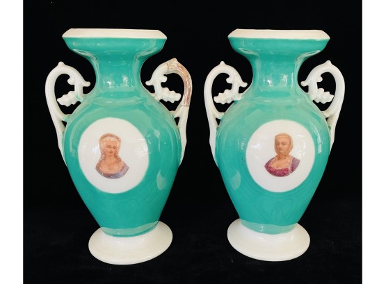 Pair Of Staffordshire 1606 Porcelain Vases With Portraits Of Women On Green