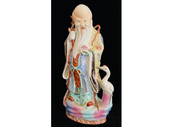 Asian Porcelain Old Man Figure With Staff